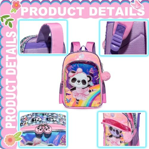 Colorful kids backpack with panda design and detailed close-ups.