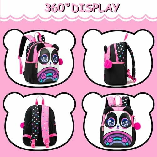 360-degree view of panda-themed kids backpack in pink and black.