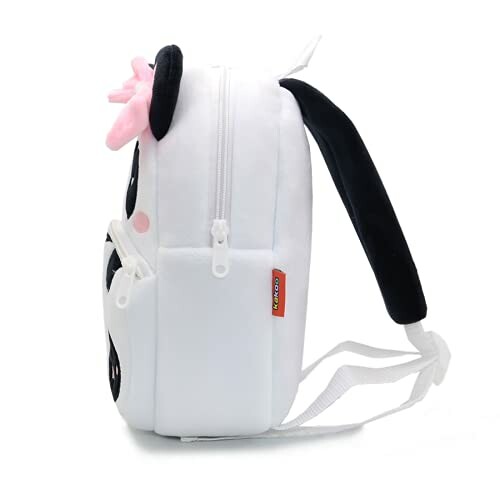 Side view of a panda-themed kids backpack with pink bow and black ears.