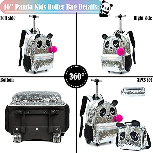 Panda-themed kids roller bag with sequins and pom-poms, showing different views and a matching 3-piece set.