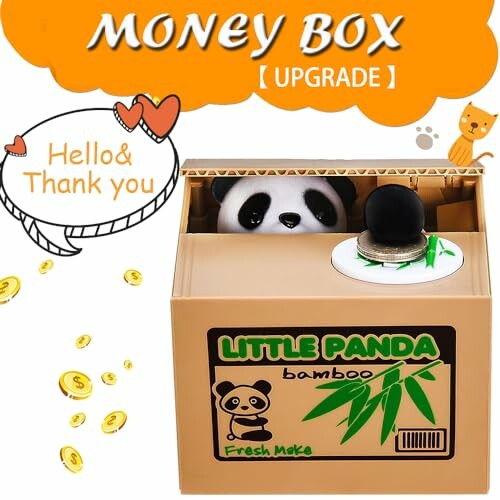 Panda-themed money box with coins and cute design