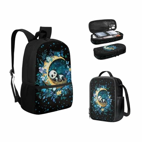 Cute Cartoon Panda Backpack 3 Pack Set including backpack, lunchbox, and pencil case