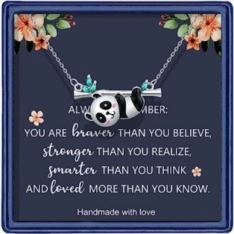 Panda necklace with inspirational quote about bravery, strength, and love.