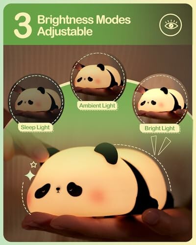 Panda night light with adjustable brightness modes: sleep, ambient, and bright.