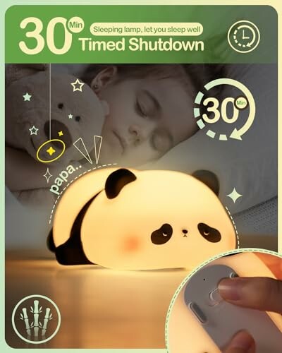 Panda night light with 30-minute timer and child sleeping.