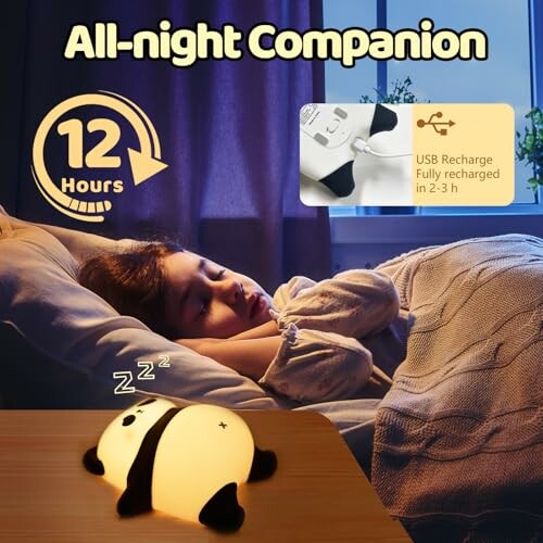 Child sleeping with panda night light glowing on bedside.