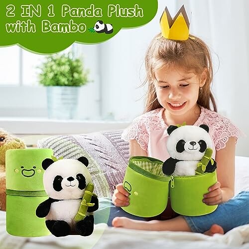 Girl with panda plush toy and green case