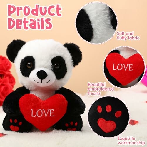 Panda plush toy holding a red heart with 'LOVE' embroidered.