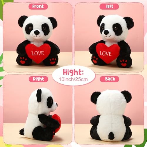 Four views of a panda plush toy holding a red heart with 'LOVE' written on it.