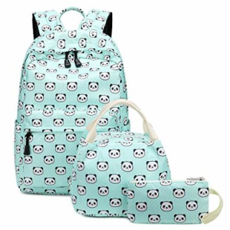 Mint green backpack set with panda design.