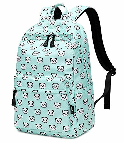 Light blue backpack with panda face pattern.