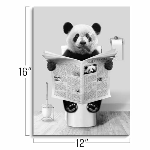 Panda sitting on a toilet reading a newspaper.