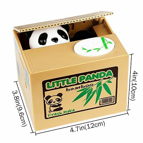 Cute panda-themed coin bank in a box with dimensions labeled.