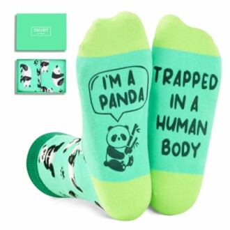 Green socks with panda design and humorous text.