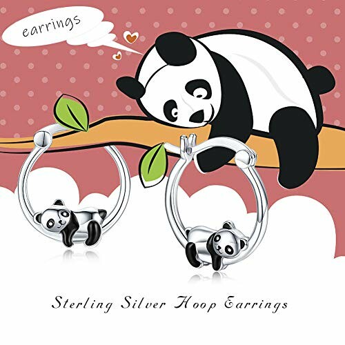 Sterling silver hoop earrings with panda design and illustration.