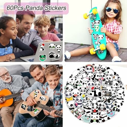 Collage of people using panda stickers on laptops, skateboards, guitars, and a collection of panda stickers.