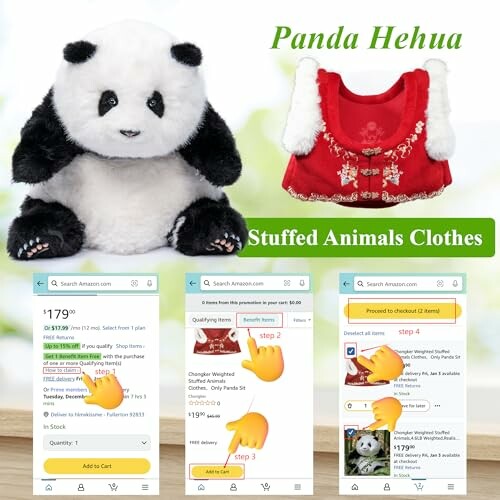 Panda stuffed animal with clothes and shopping instructions.