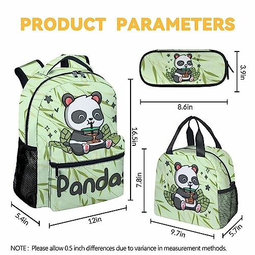 Panda-themed backpack, lunch bag, and pencil case with dimensions.