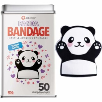 Panda-themed adhesive bandages in a tin.