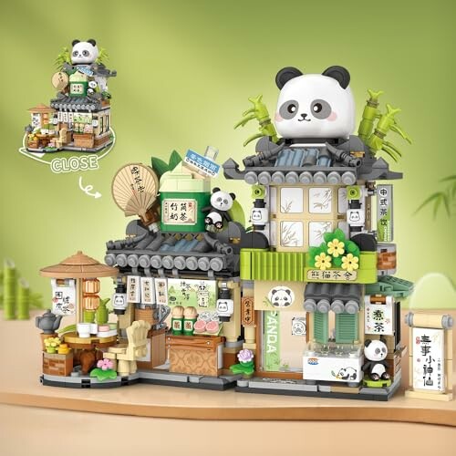 A building block set that resembles a traditional Chinese tea house with intricate details and vibrant colors.