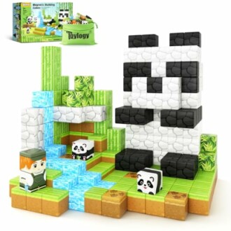 Toy building blocks set with panda theme and characters.