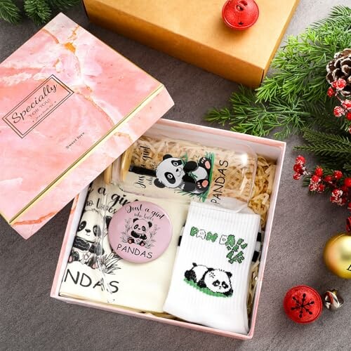 Panda-themed gift box with various items on a festive background.