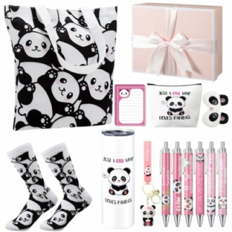 Panda-themed gift set including tote bag, socks, cup, pens, and notepad.