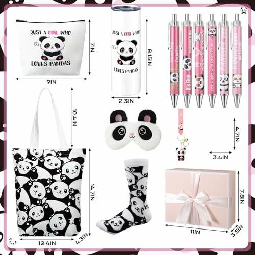 Panda-themed gift set including bag, tumbler, pens, mask, socks, and gift box.