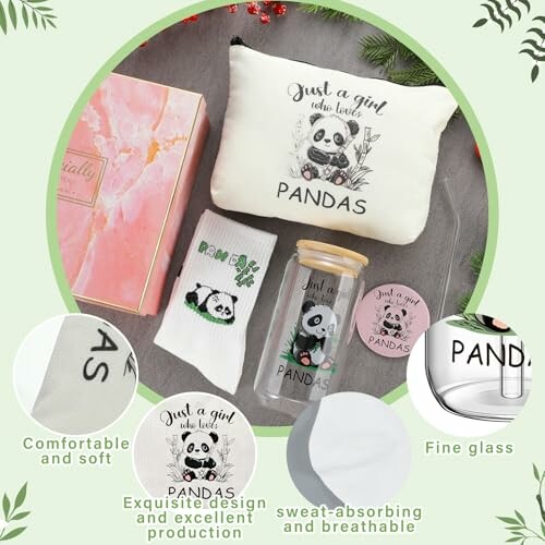 Panda themed gift set with pillow, socks, glass jar, and coaster.