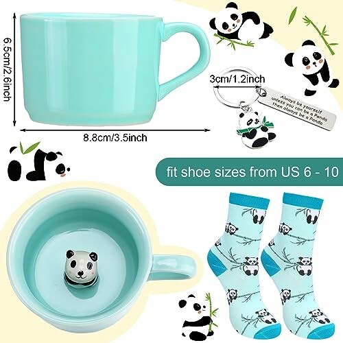 Panda-themed mug, socks, and keychain with measurements.