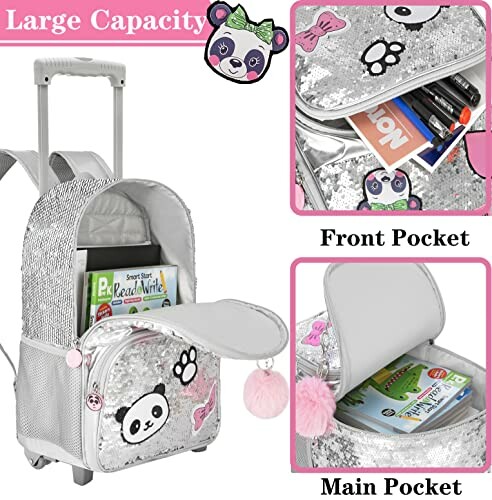 Panda-themed rolling backpack with large capacity and multiple pockets.