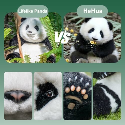 Comparison of two panda toys, Lifelike Panda and HeHua, with close-up features.