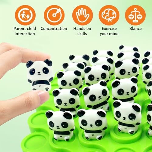 Hand holding a panda toy piece from a puzzle game with benefits icons.