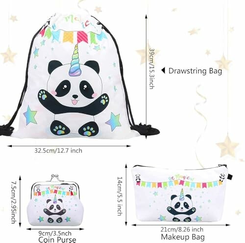 Panda unicorn drawstring bag, coin purse, and makeup bag set with colorful design.