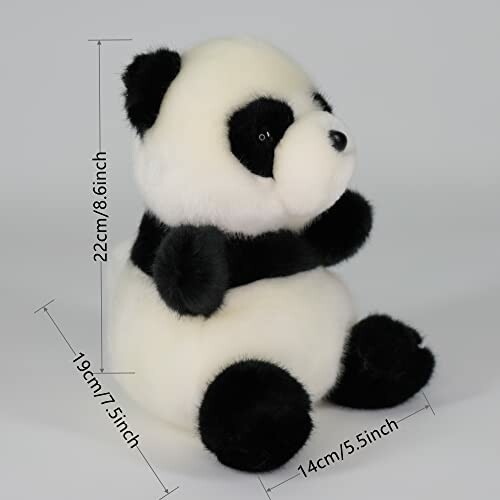 Fluffy plush panda toy with measurement dimensions