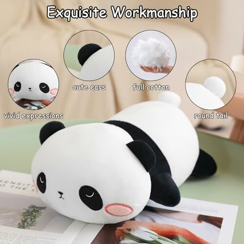 Plush panda toy with features highlighted: cute ears, full cotton, round tail, vivid expressions.