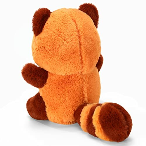 Back view of a plush red panda toy with a bushy tail