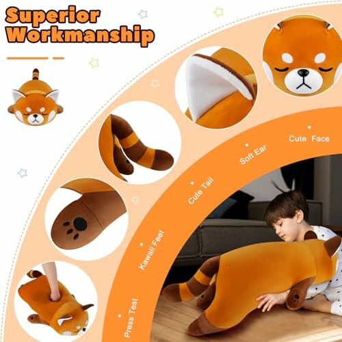 Child hugging large plush red panda toy with details of its features.