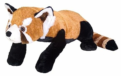 Plush red panda toy lying down