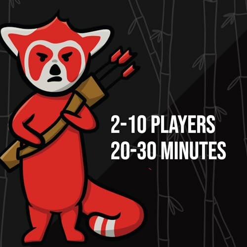 Cartoon red panda with arrows, text 2-10 players, 20-30 minutes