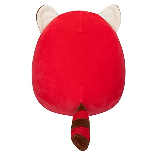 Back view of a red panda plush toy with ears and striped tail