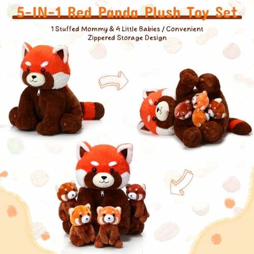 5-in-1 red panda plush toy set with one large stuffed panda and four small ones.