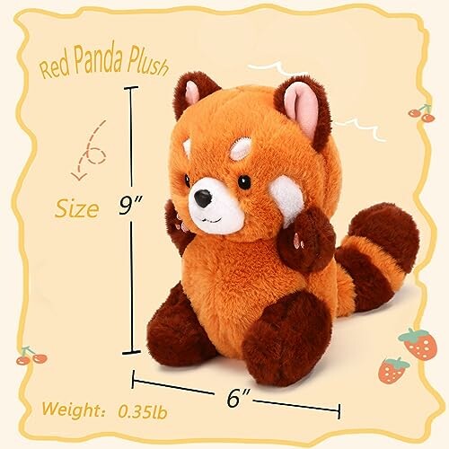 Red panda plush toy with size dimensions and weight.