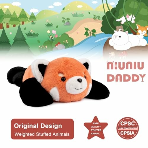 Red panda plush toy with nature background and product labels.