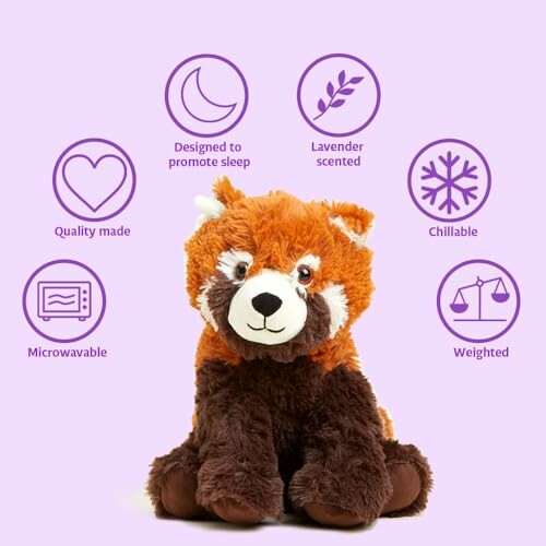 Red panda plush toy with features: quality made, microwavable, designed to promote sleep, lavender scented, chillable, weighted.