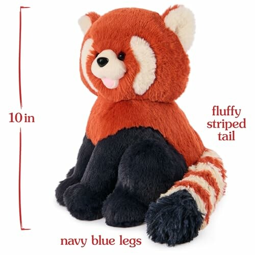 Cute red panda plush with fluffy striped tail and navy blue legs.