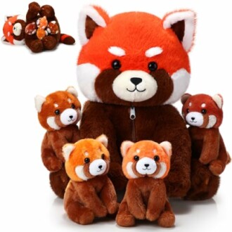 Collection of red panda plush toys in various sizes.