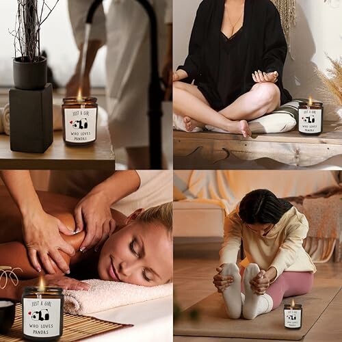 Collage of a candle with yoga and massage scenes.