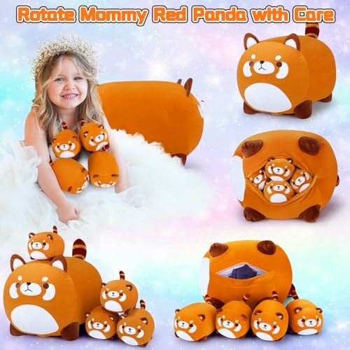 Child with red panda plush toys, including a large rotatable one with smaller pandas inside.