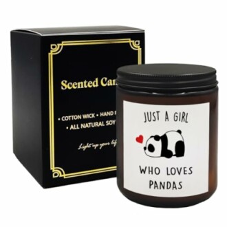 Scented candle with 'Just a Girl Who Loves Pandas' design.